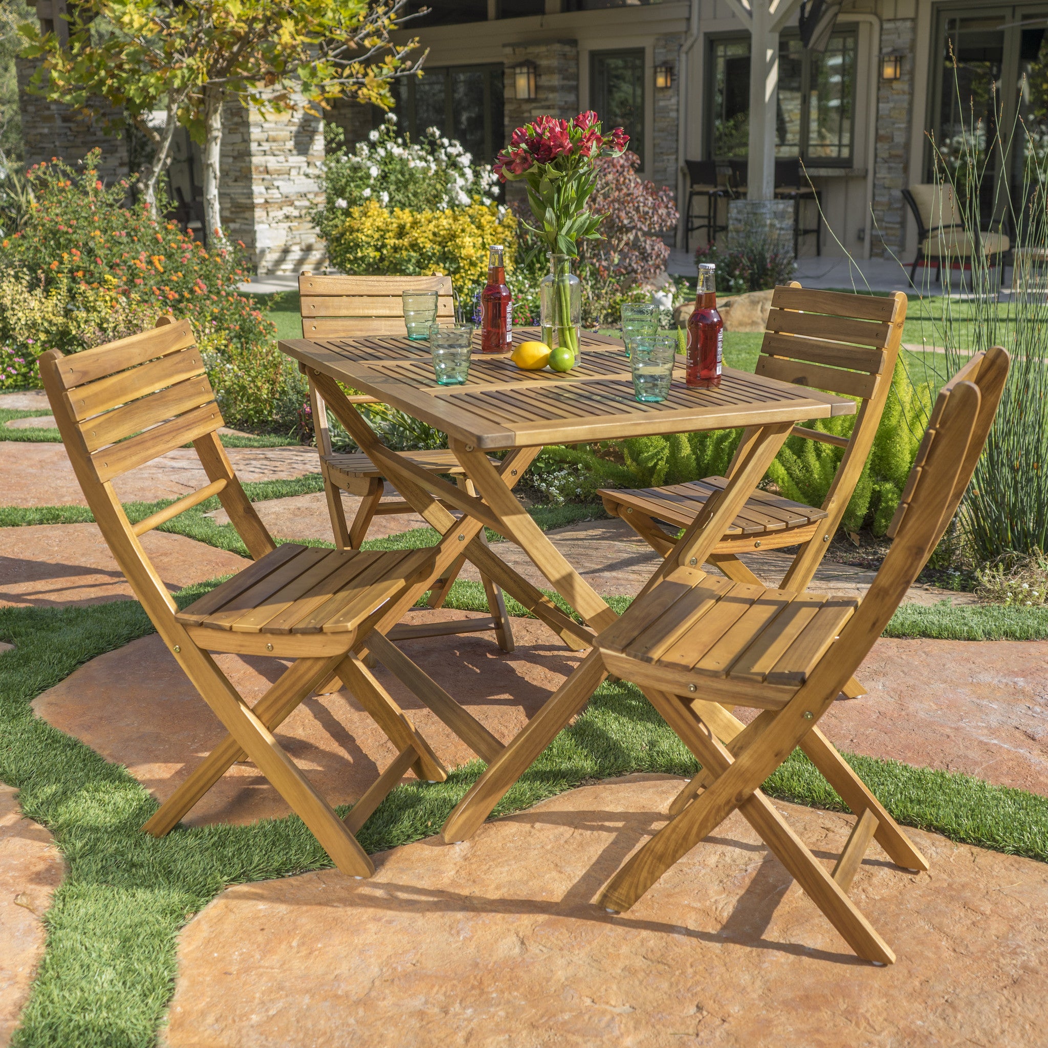 Vicaro Outdoor Natural Finish Acacia Wood Foldable Dining Set