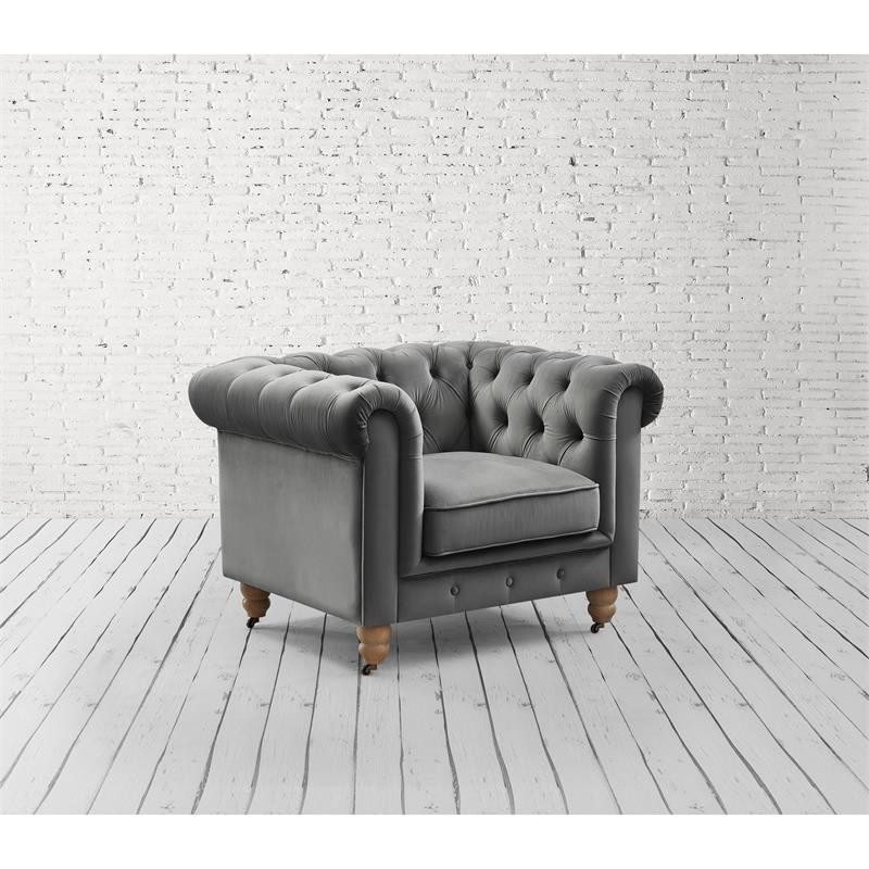 Londynn Club Chair Dark Gray Velvet 42L x 33.5W x 30.3H Button Tufted Rolled Arm   Traditional   Armchairs And Accent Chairs   by Homesquare  Houzz