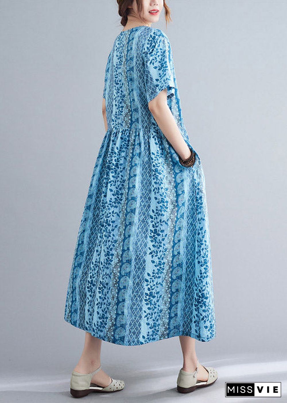 Blue Pockets Patchwork Wrinkled Long Dress Short Sleeve