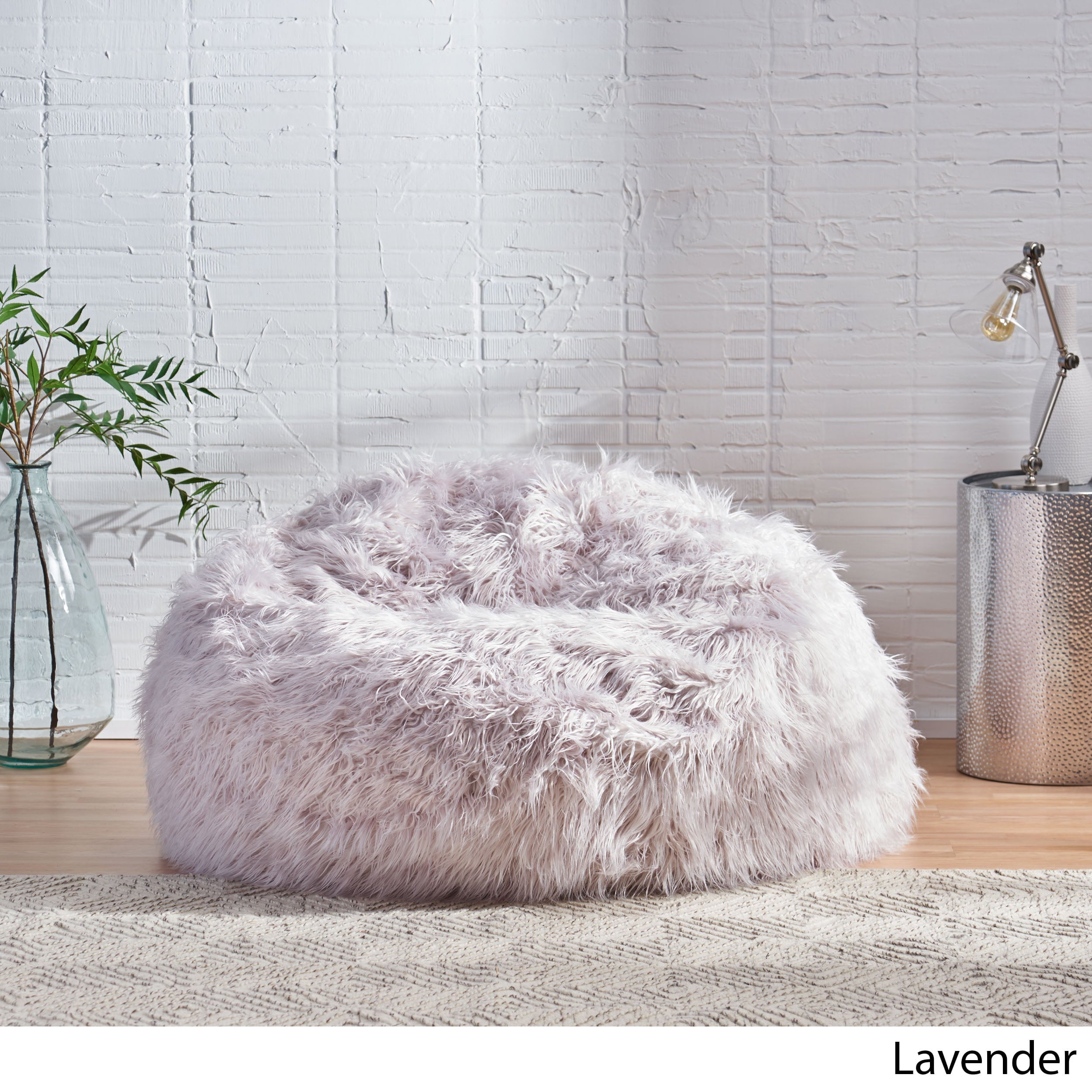 Noble House Rubani 5 ft Long Faux Fur Bean Bag Chair, Lavender