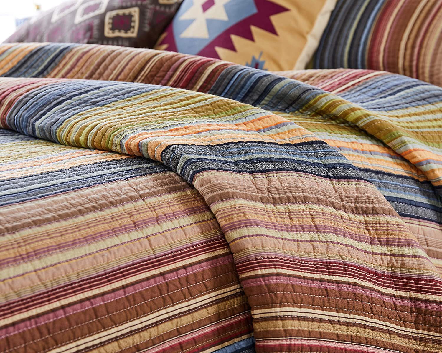 Greenland Home Fashions Katy Boho Stripe 100% Cotton Quilt and Pillow Sham Set， 2-Piece Twin/Twin XL