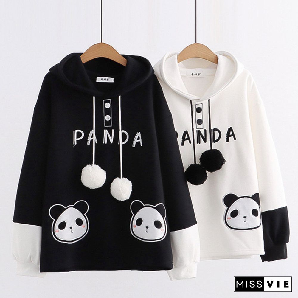 Cartoon Panda Letter Print Colorblock Plush Hoodie