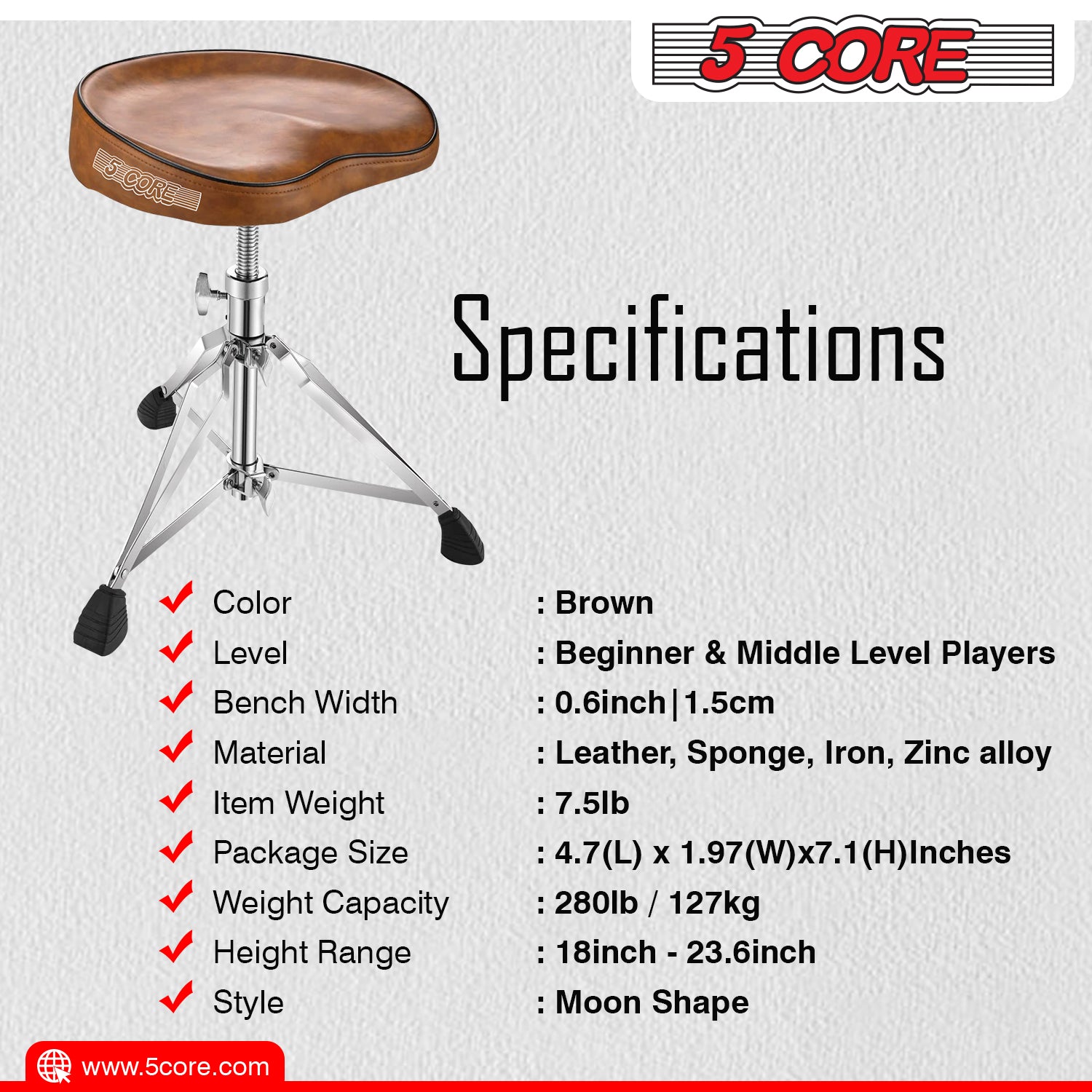 5 Core Drum Throne Saddle Brown| Height Adjustable Padded Comfortable Drum Seat| Stools Chair Style with Double Braced Anti-Slip Feet, Comfortable Seat for Drummers, Guitar Players- DS CH BR SDL