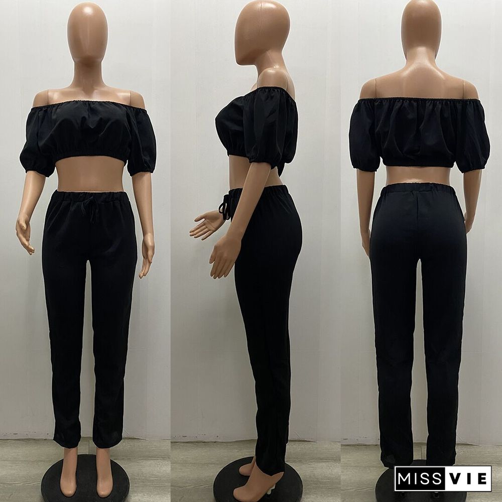 Sexy Solid Color High Elastic Off Shoulder Short Sleeve Crop Top Drawstring Long Pants Women 2 Piece Set