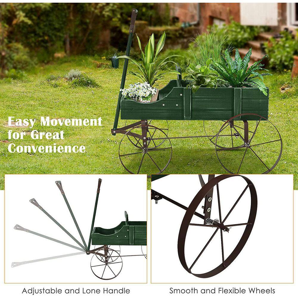 Alpulon Wooden Wagon Plant Bed in Green with Metal Wheels ZMWV540-G