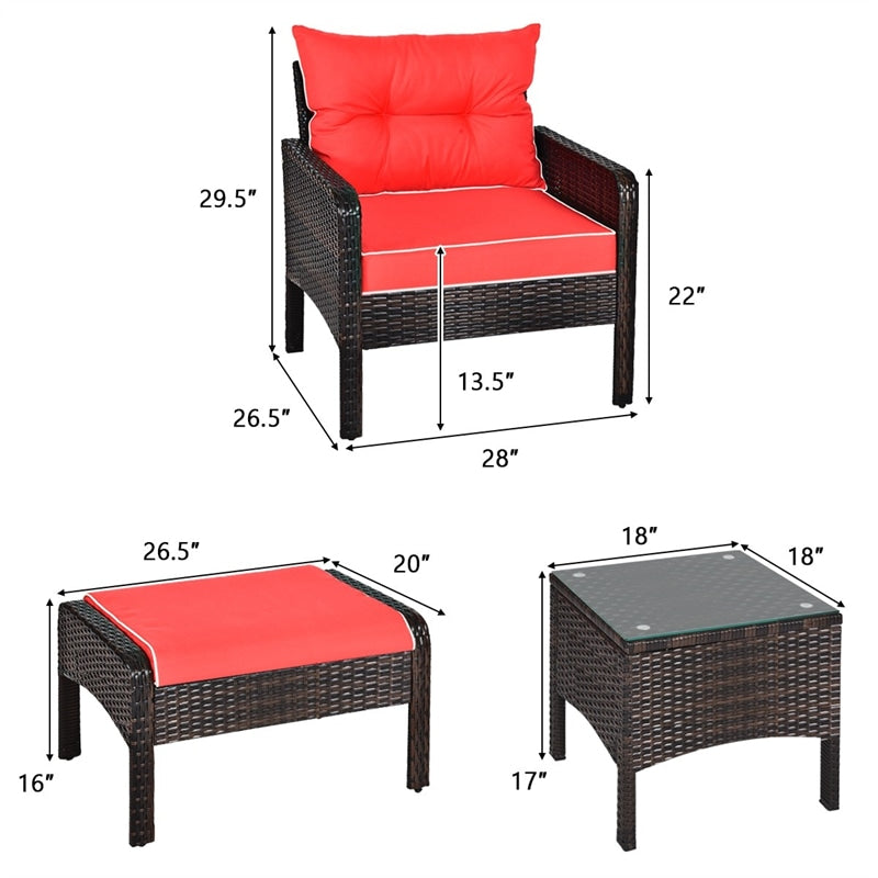 5 Pcs Rattan Patio Conversation Sets with Ottomans & Coffee Table, Wicker Outdoor Bistro Set