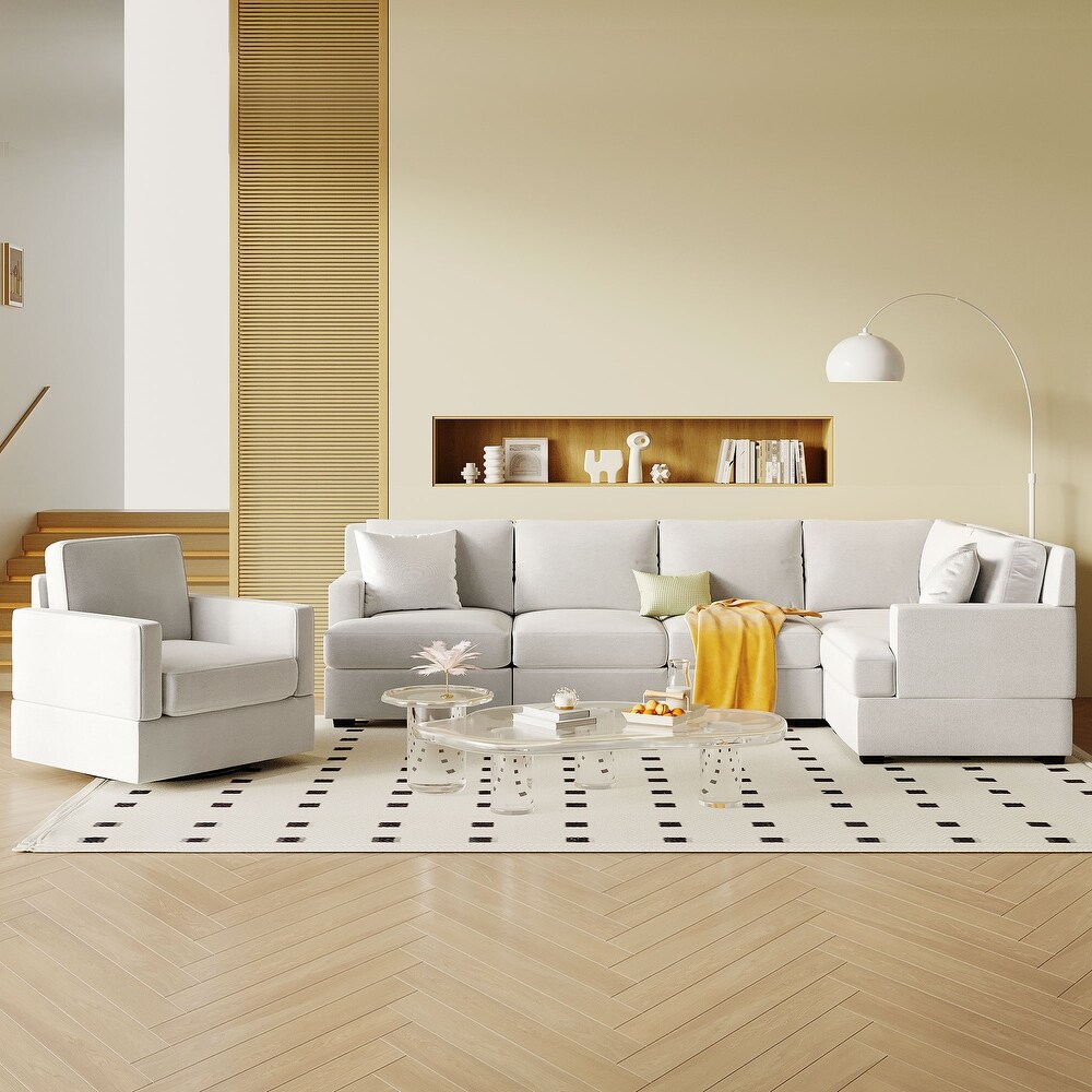 L Shaped Sofa Set with Sectional Modular Sofa and Swivel Recliner Chair