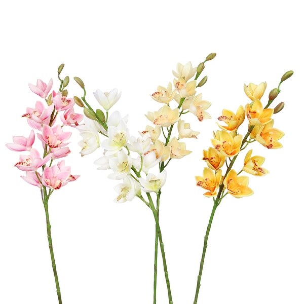 Set of 3 Yellow Orange Artificial Cymbidium Orchid Flower Stem Tropical Spray 30in