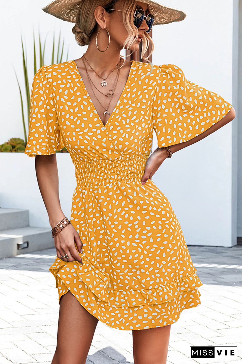 V Neck Flare Sleeves Spot Print Smocked High Waist Dress