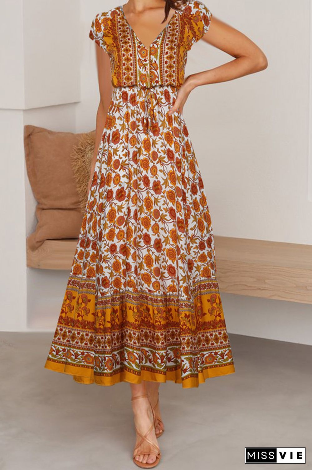 V Neck Buttoned Drawstring Bohemian Print Maxi Dress