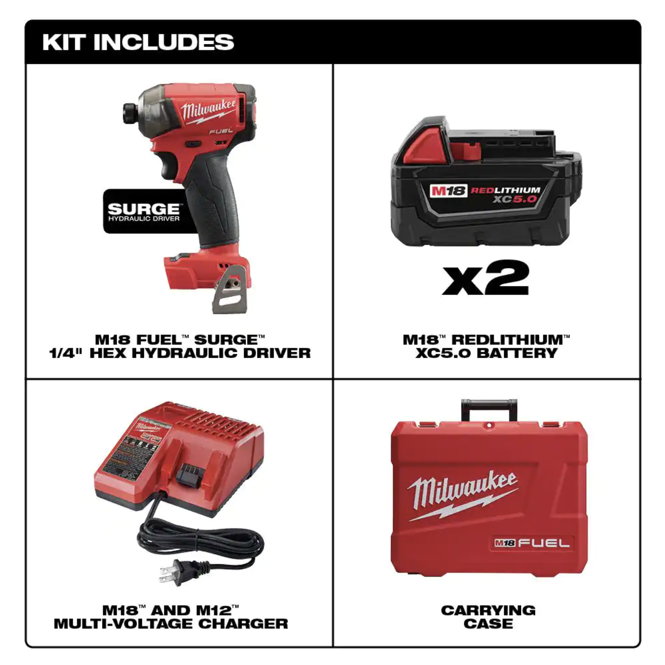 Milwaukee M18 FUEL SURGE 18V Lithium-Ion Brushless Cordless 1/4 in. Hex Impact Driver Compact Kit with Two 5.0 Ah Batteries