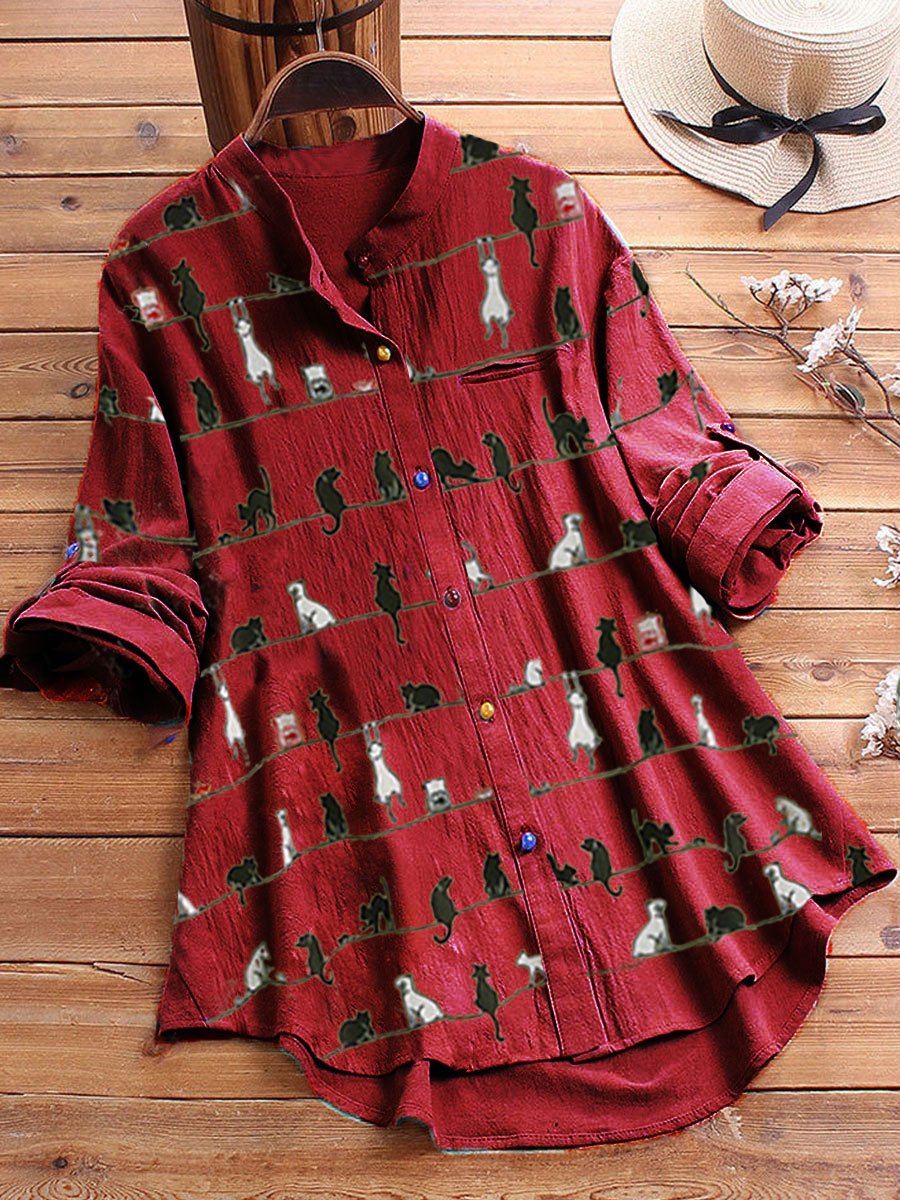 40% Off Cat Print Color Button Casual Long Blouse