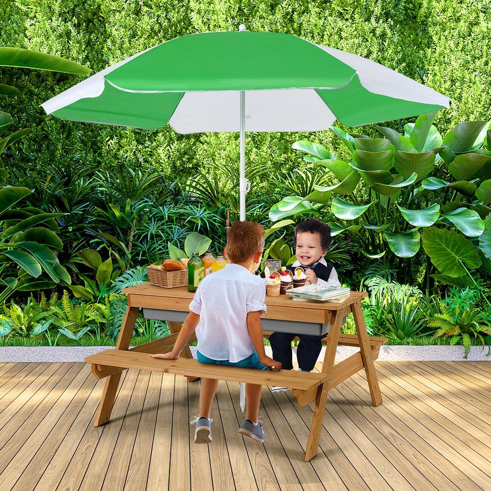 Costway 3-in-1 Kids Wood Rectangle Outdoor Picnic Table Water Sand Table with Umbrella Play Boxes HY10008