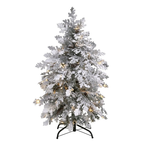 Nearly Natural 4-ft Flocked Montana Down Swept Spruce Artificial Christmas Tree With 70 Clear Led Lights