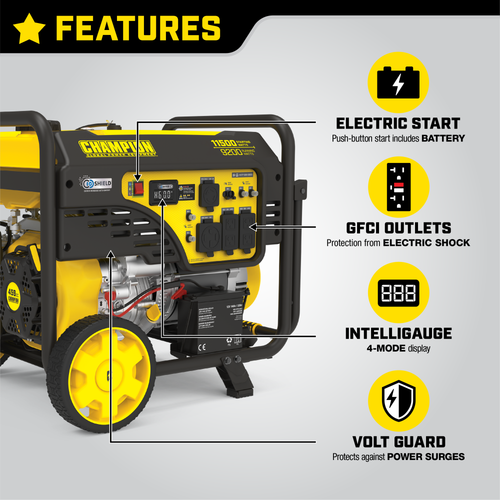 Champion 9200 Watt Electric Start Portable Generator with CO Shield ;