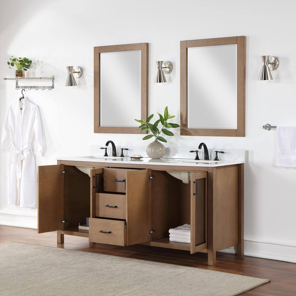 Altair Hadiya 72 in. W x 22 in. D x 34 in. H Bath Vanity in Brown Pine with Carrara White Composite Stone Top 542072-BR-AW-NM