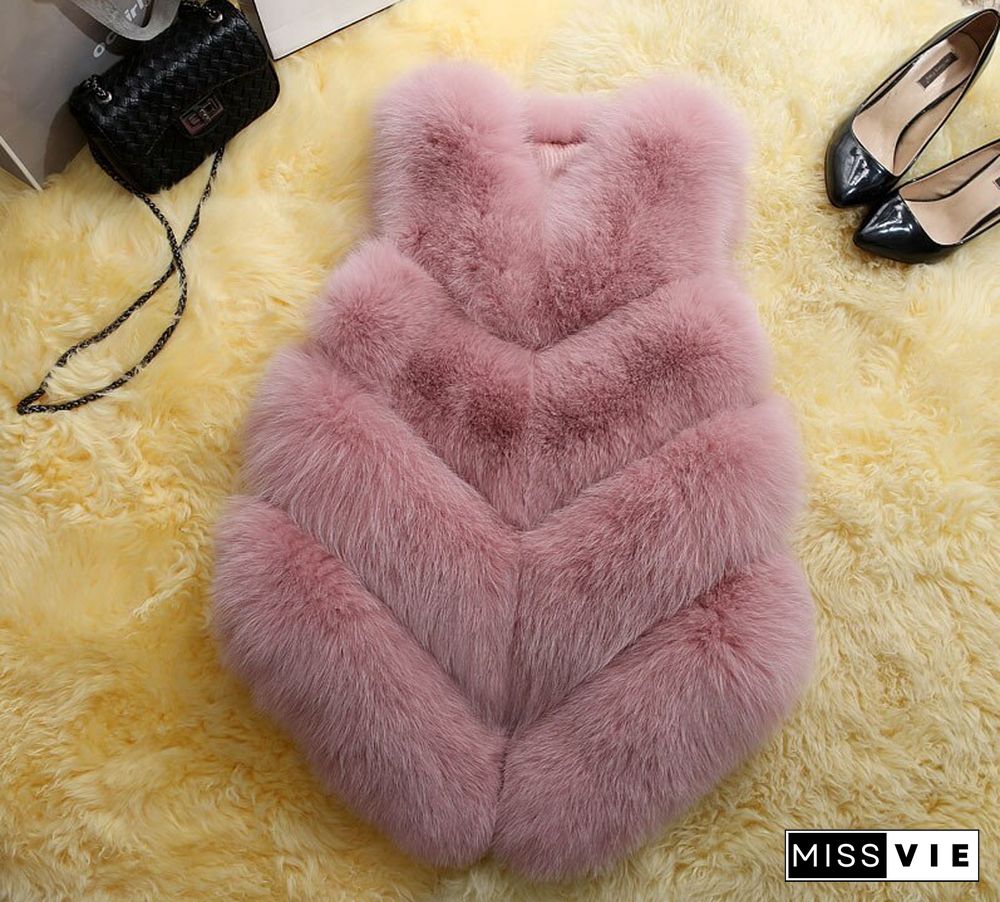 Women Faux Fox Fur Vest Winter Fake Fur Jacket Sleeveless Solid Color Short Artificial Fur Coat Oversized Warm Vest Female