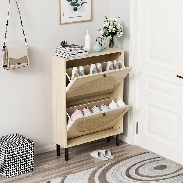 Natural Rattan 2-door Shoe Cabinet Shoe Organizer - - 37770047