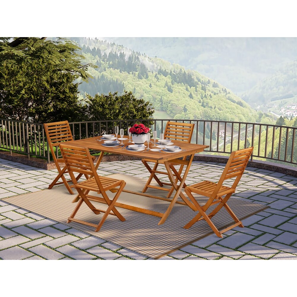 East West Furniture Outdoor Patio Dining Sets  a Rectangle Acacia Wood Table and Folding Chairs  Natural Oil(Pieces Option)