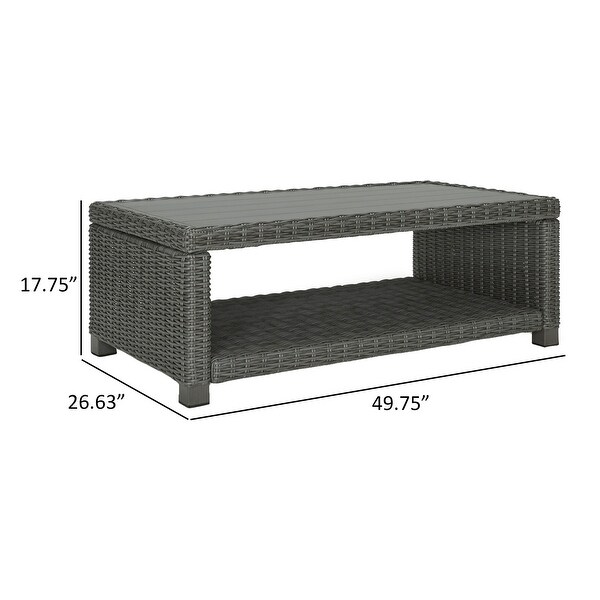 Ellie 50 Inch Outdoor Coffee Table，Lower Shelf，Gray Resin Wicker，Metal