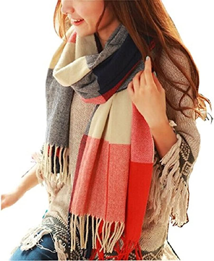 Women's Fashion Long Shawl Big Grid Winter Warm Lattice Large Scarf Orange Red -