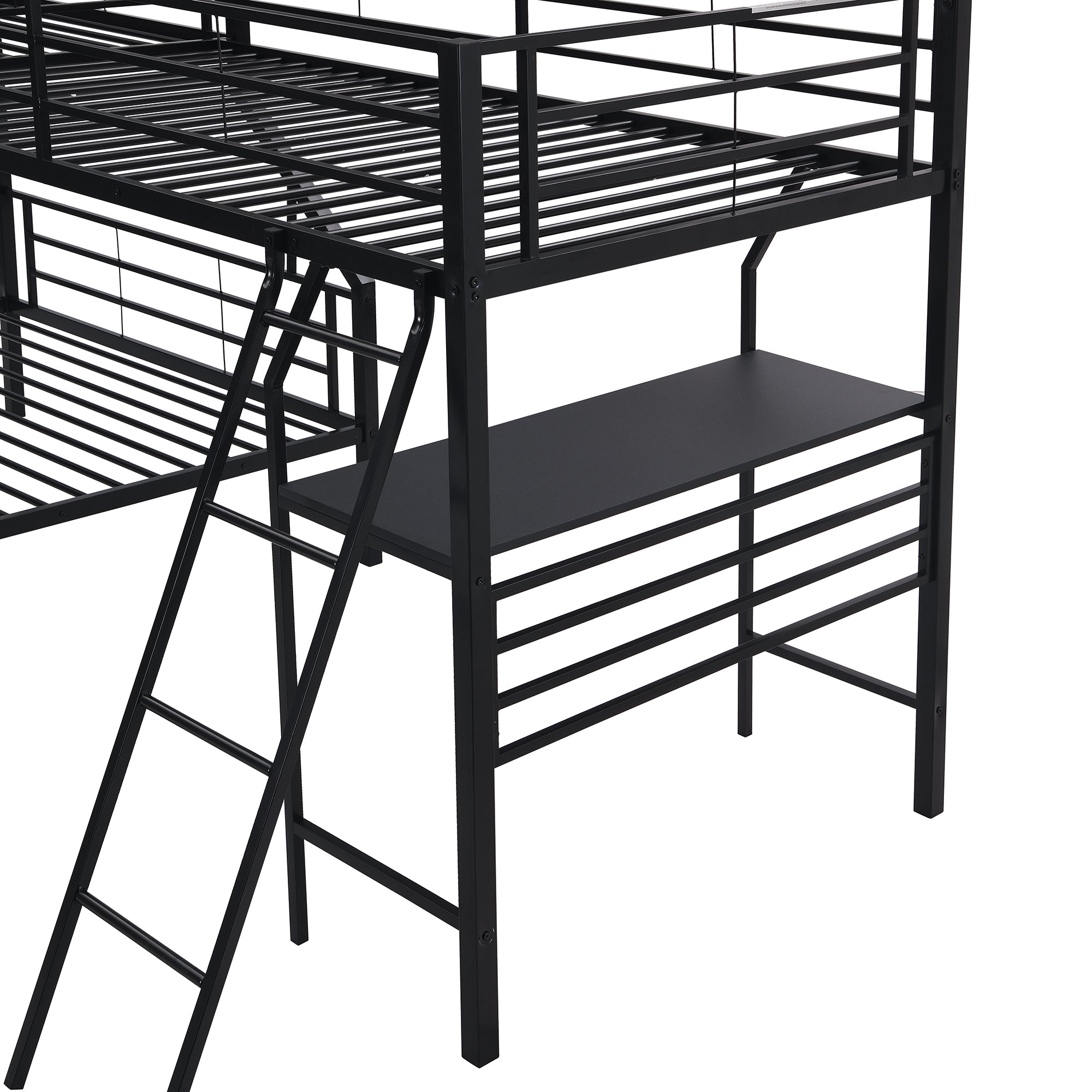 Euroco Twin L-Shaped Metal Bunk Bed with Built-in Study Desk for Kids' Bedroom, Black