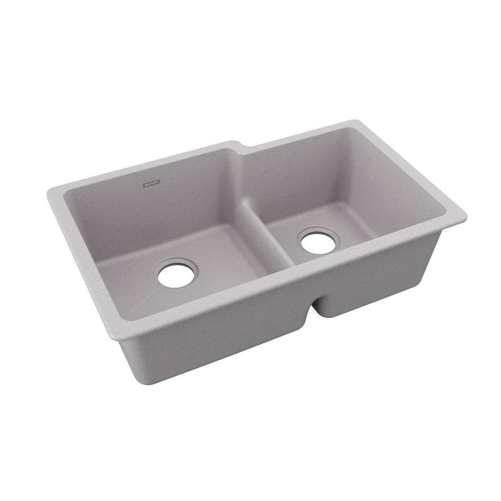 Elkay Quartz Classic Greystone Quartz 33 in. 6040 Double Bowl Undermount Kitchen Sink with Aqua Divide ELGULBO3322GS0