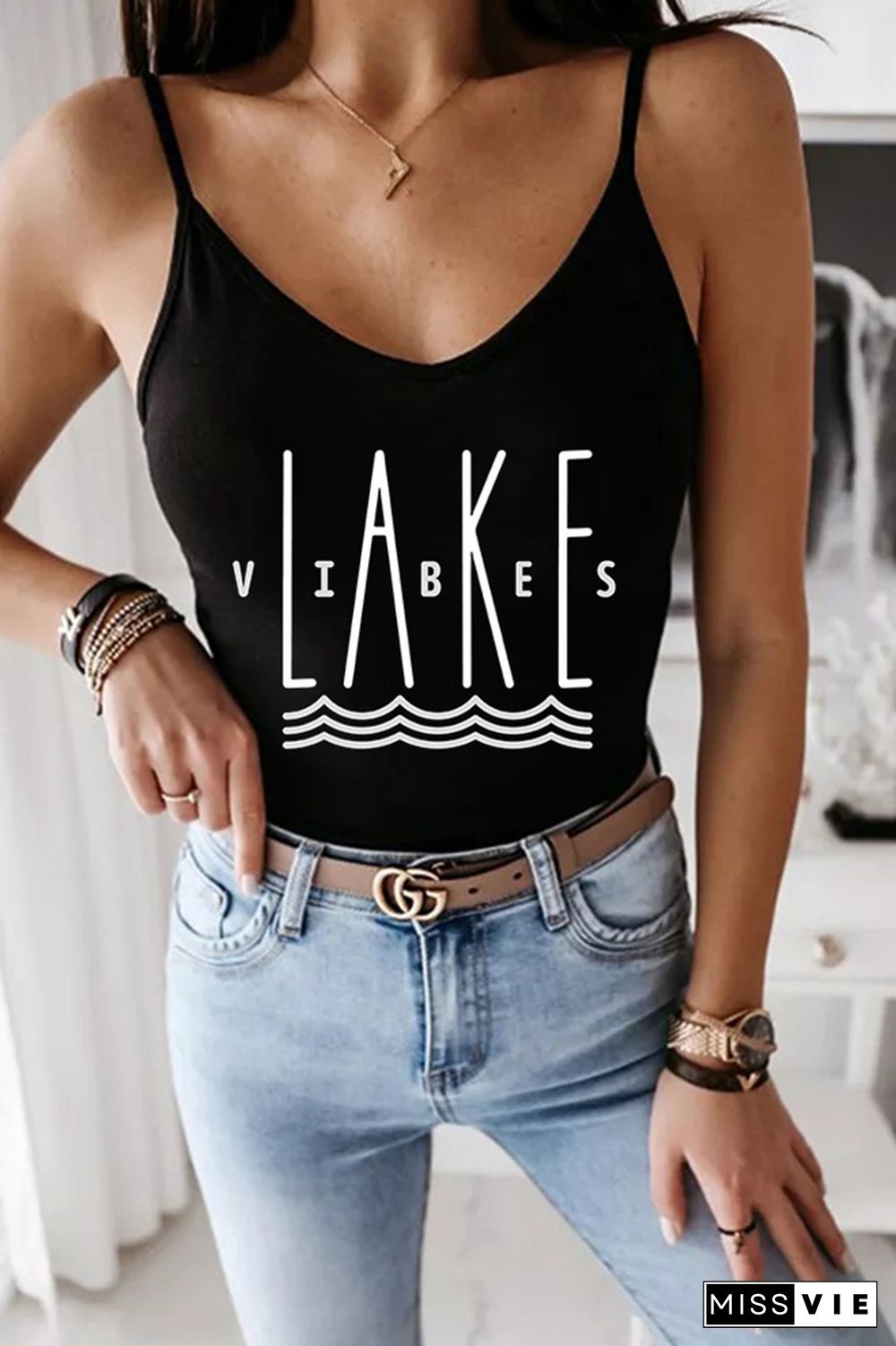 Lake Vibes,Better at the lake Printed Slip Tank Top Wholesale