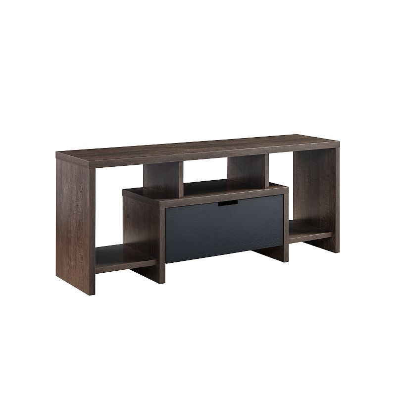 FC Design Walnut Oak and Black TV Stand with Center Drawer and 2 Side Shelves