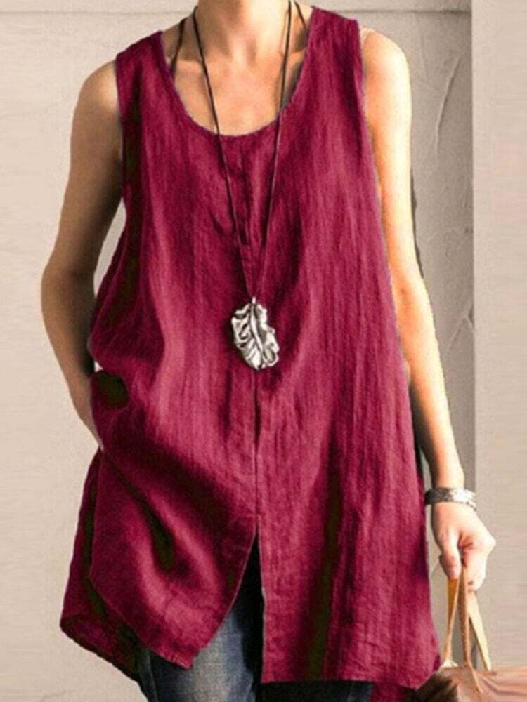 Solid Slit Hem Crew Neck Casual Tank Top