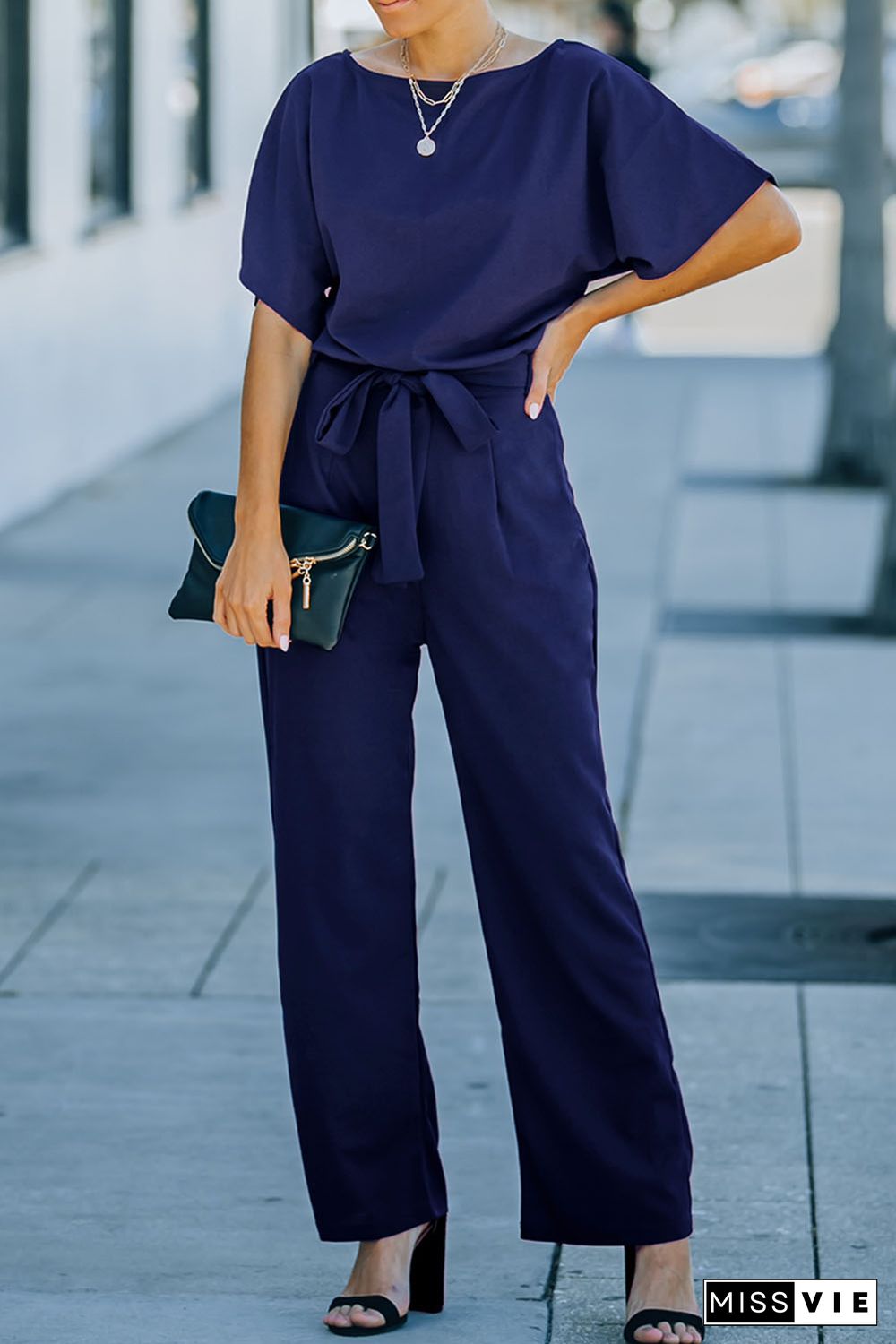 Blue Belted Wide Leg Jumpsuit