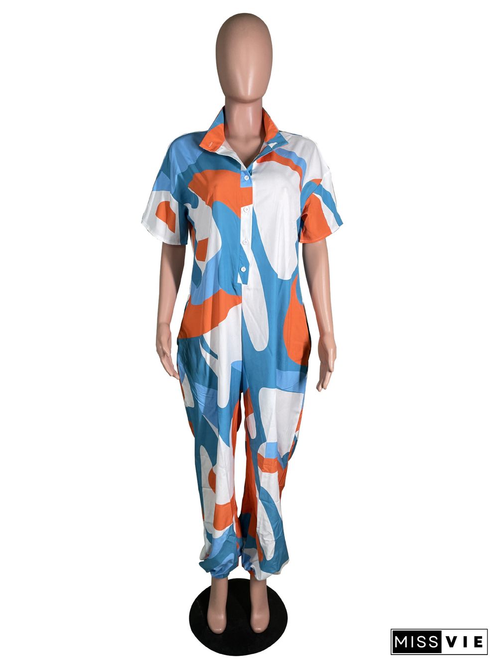 Button Down Short Sleeve Abstract Print Jumpsuits