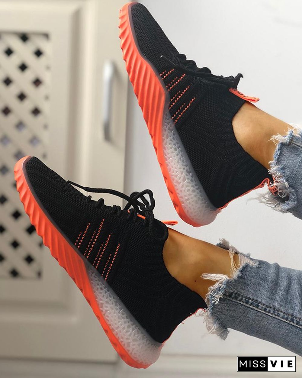 Colorblock Knitted Breathable Lace-Up Yeezy Sneakers