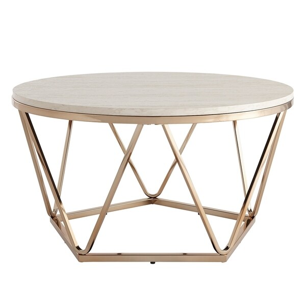 SEI Furniture Henderson Modern Faux Marble Top Gold Geometric Base Round Coffee Table