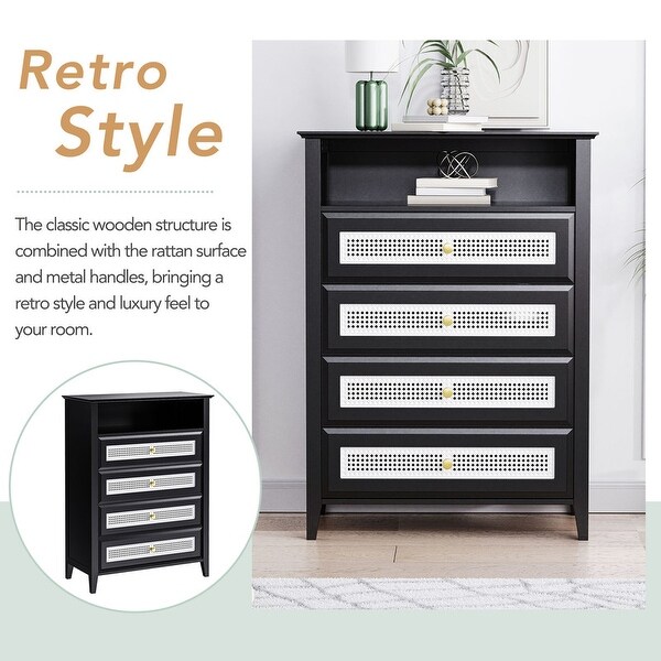 Retro Style 4-Drawer Dresser with Metal Handles， Chest of Drawers with Rattan Panels， Vintage Design Cabinet for Bedroom - - 37952493