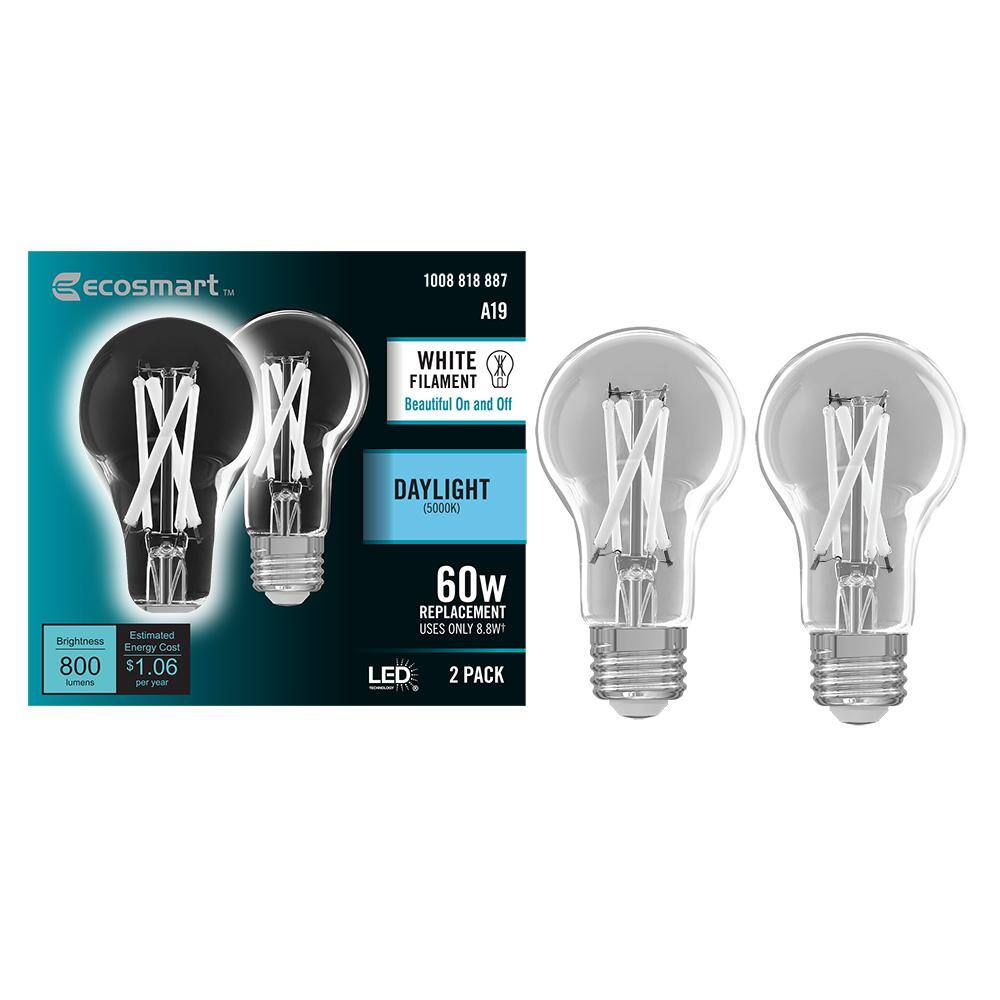 EcoSmart 60-Watt Equivalent A19 Dimmable White Filament CEC Clear Glass LED Light Bulb Daylight (2-Pack) A1960950CAWFILECP2