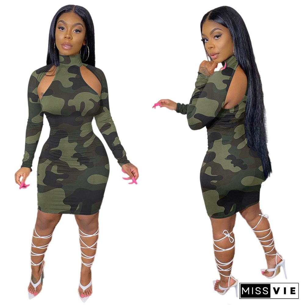 Fashion Women Camouflage Print Long Sleeve Midi Dress