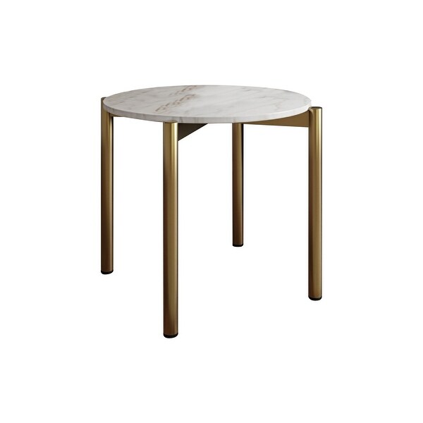 Cid Arlo 22 Inch Modern End Table， Marble Top， Metal Legs， White， Gold