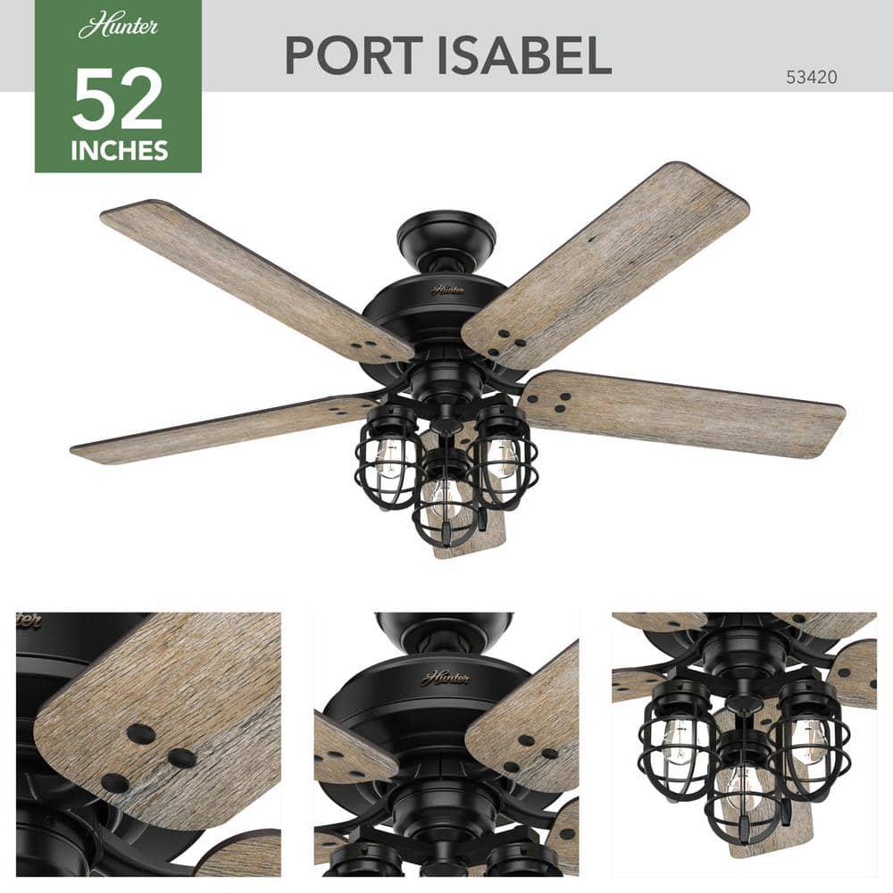 Hunter Port Isabel 52 in LED IndoorOutdoor Matte Black Ceiling Fan with Light Kit