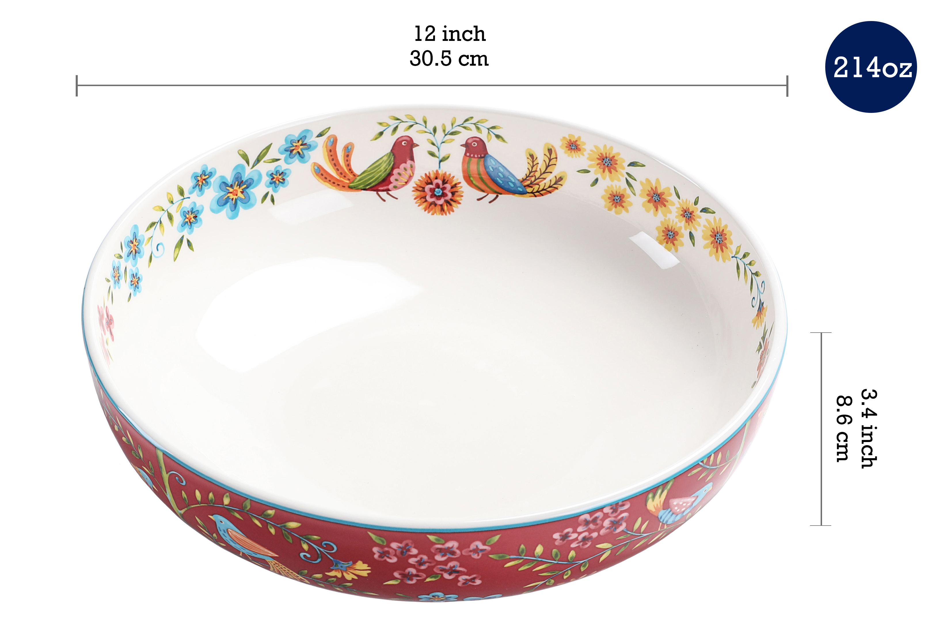 Bico Red Spring Bird Ceramic Pasta Bowl， Set of 5(1 unit 214oz， 4 units 35oz)， for Pasta， Salad， Microwave and Dishwasher Safe