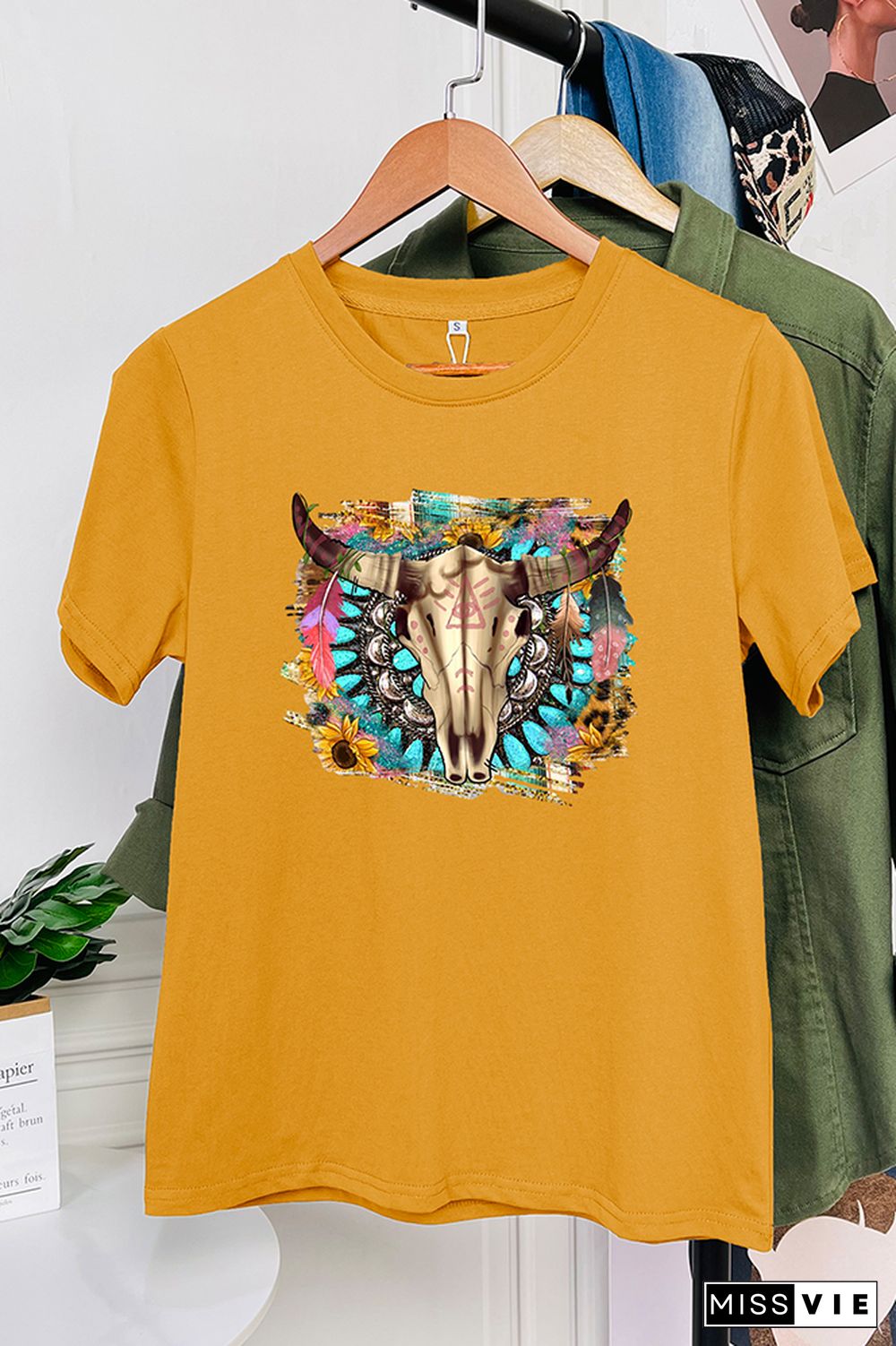 Western Boho Skull Pngturquoise And Leopard Short Sleeve Graphic Tee Wholesale