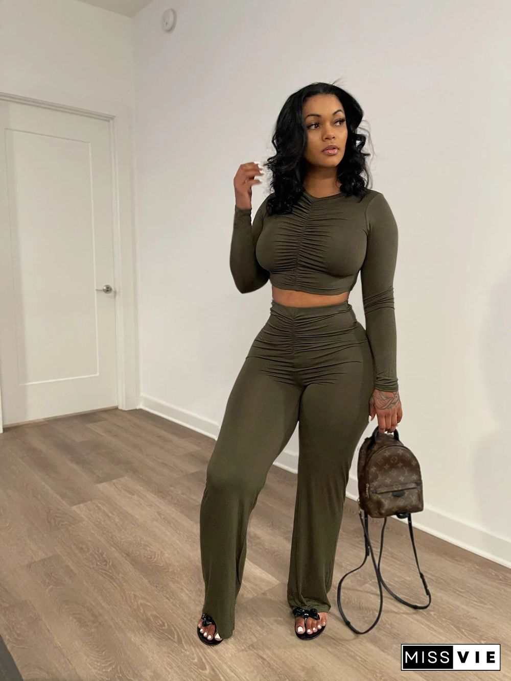 Casual Pleated Crop Top Wide Leg Pants Set