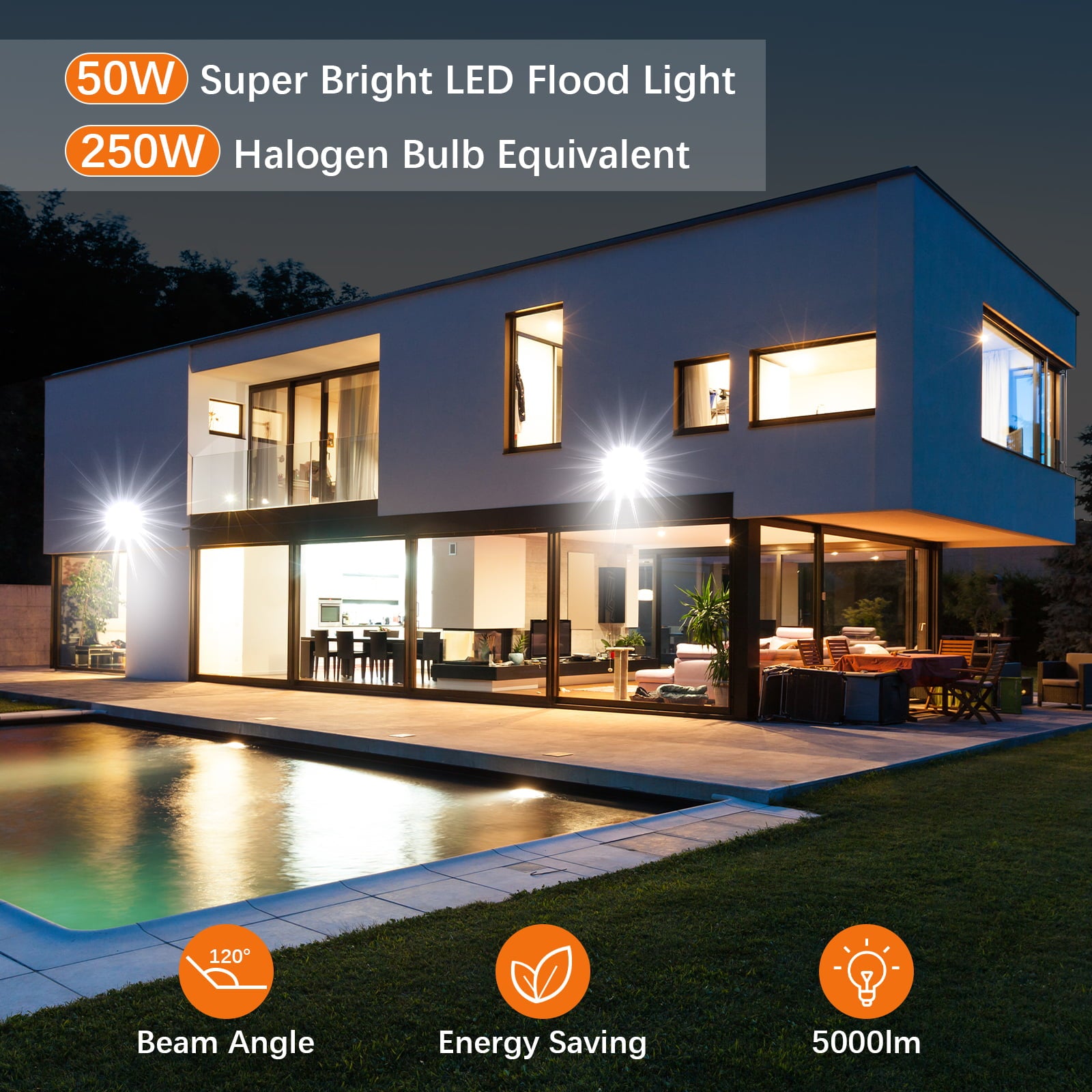 LEPOWER 2 Pack 50W LED Flood Light， 5000lm Work Light with Plug， Equiv 250W Halogen， 6000K White Light， IP66 Waterproof Outdoor Floodlight for Garage， Garden， Lawn， Basketball Court， Playground