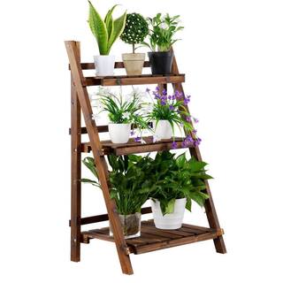 Yaheetech Indoors and Outdoors Folding Wooden Flower Pot Stand Flower Plant Display Ladder Stand (3-Tier) DYelt60001