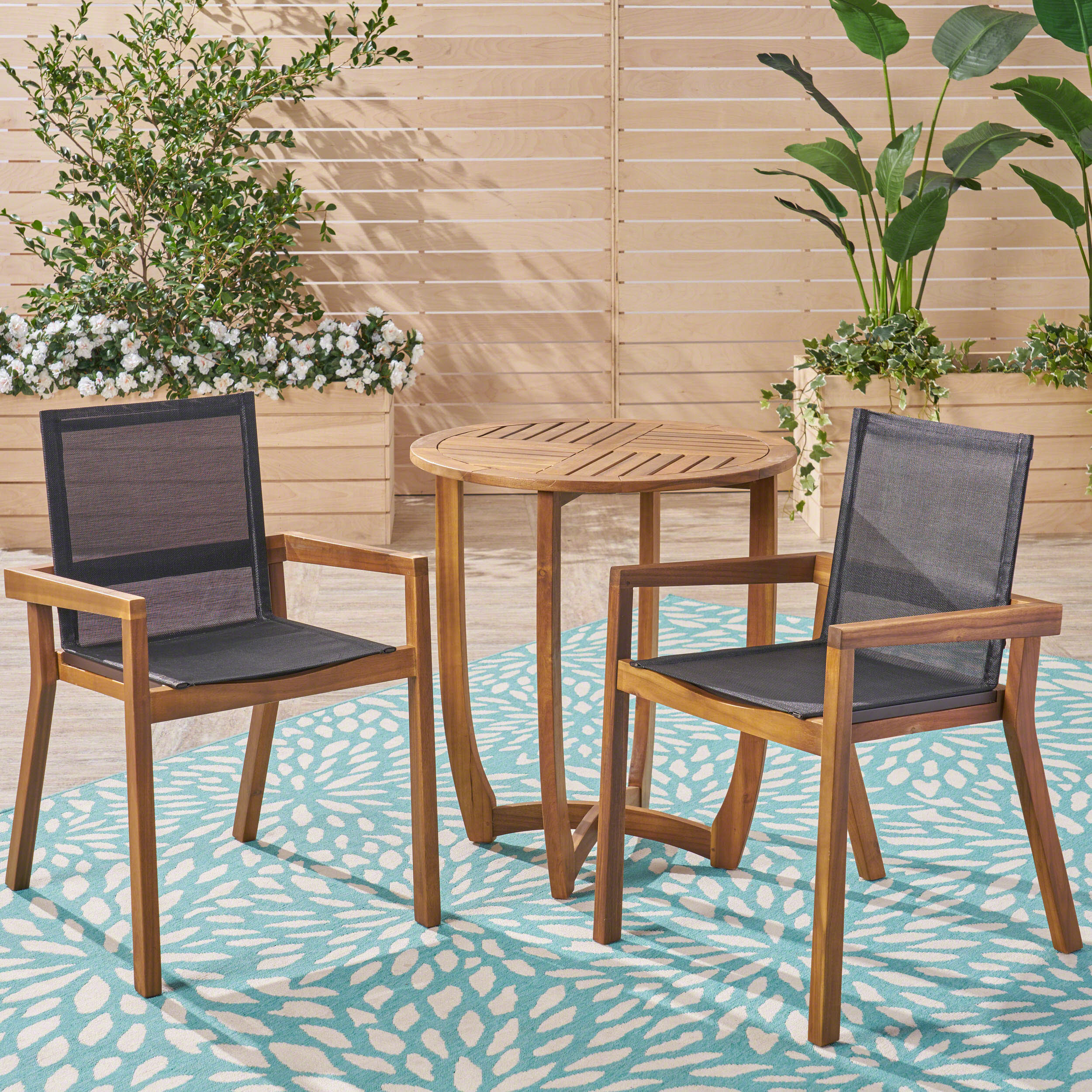 Mark Outdoor Acacia Wood 3 Piece Dining Set with Mesh Seats