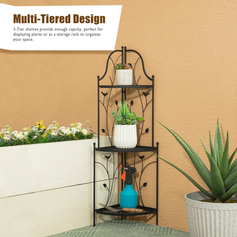 Glitzhome 44.75 in. H 3-Tiered Black Metal Corner Shelf Plant Stand 2007200031