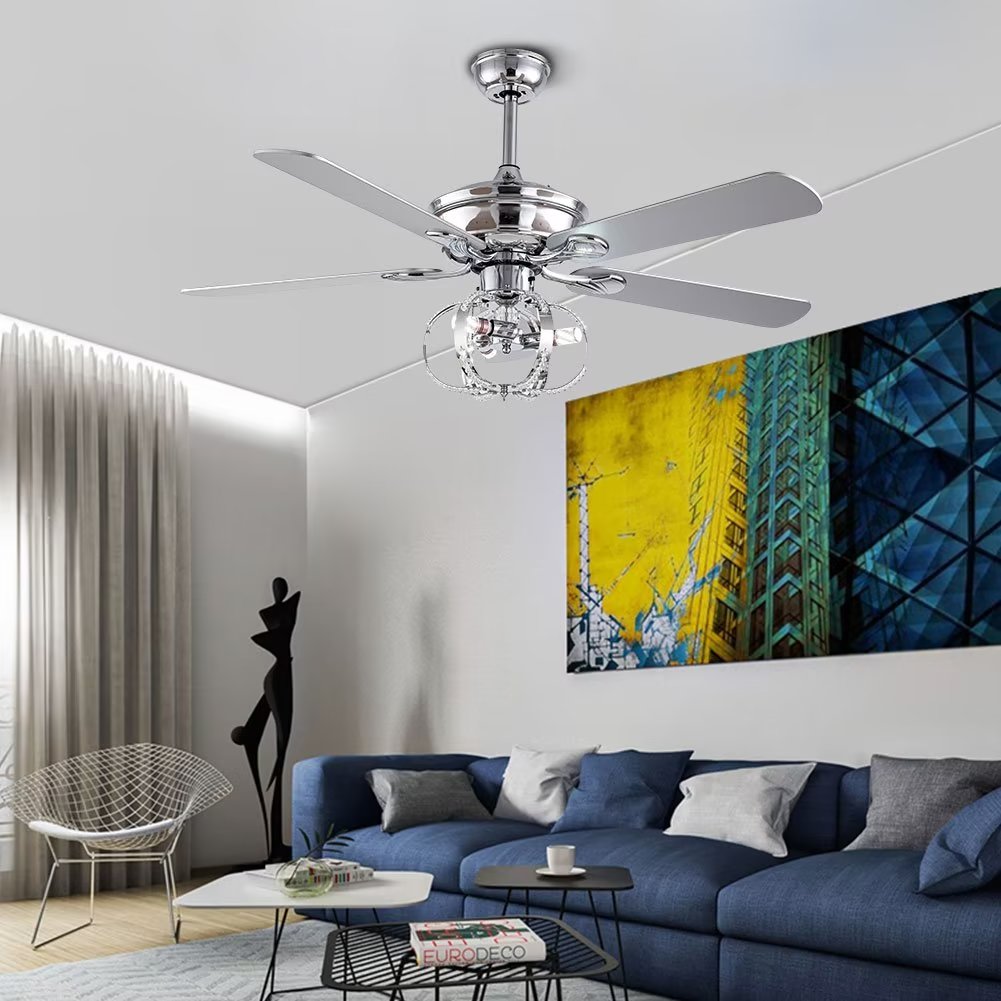 Modern 5 Blades Ceiling Fan Light with Remote Control， 3-Light Silvertone Reversible Chandelier Fan with 3 Speeds Changing 52 inch