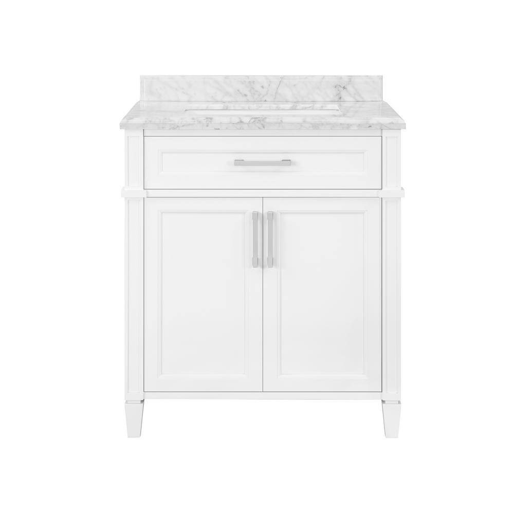 Home Decorators Collection Caville 30 in. W x 22 in. D x 34.5 in. H Bath Vanity in White with Carrara Marble Top Caville 30W