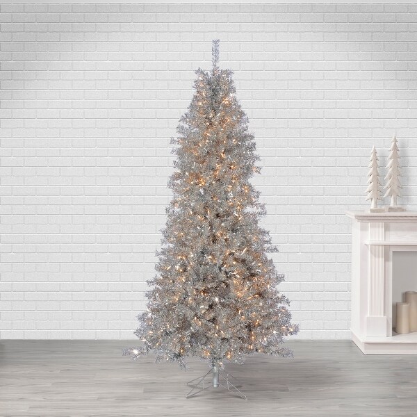 7.5 Foot Silver Curly Tinsel Tree with 550 Clear Lights