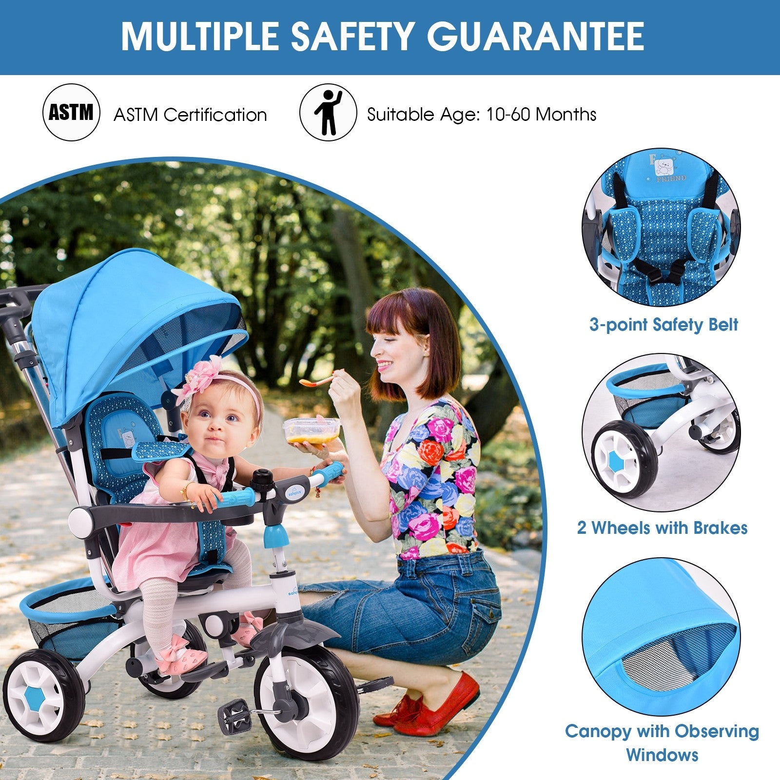 Tricycle for Toddlers, 4 in 1 Trike w/Parent Handle, Adjustable Canopy, Storage